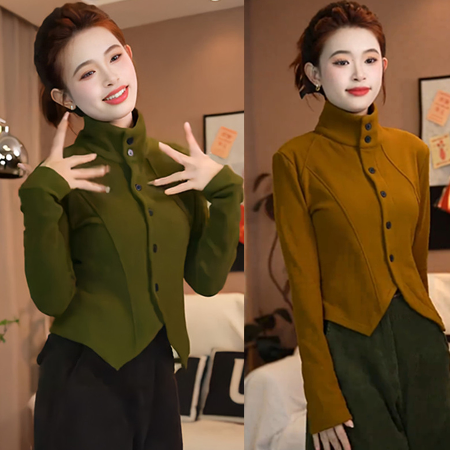 高领单排扣双面绒保暖短款上衣