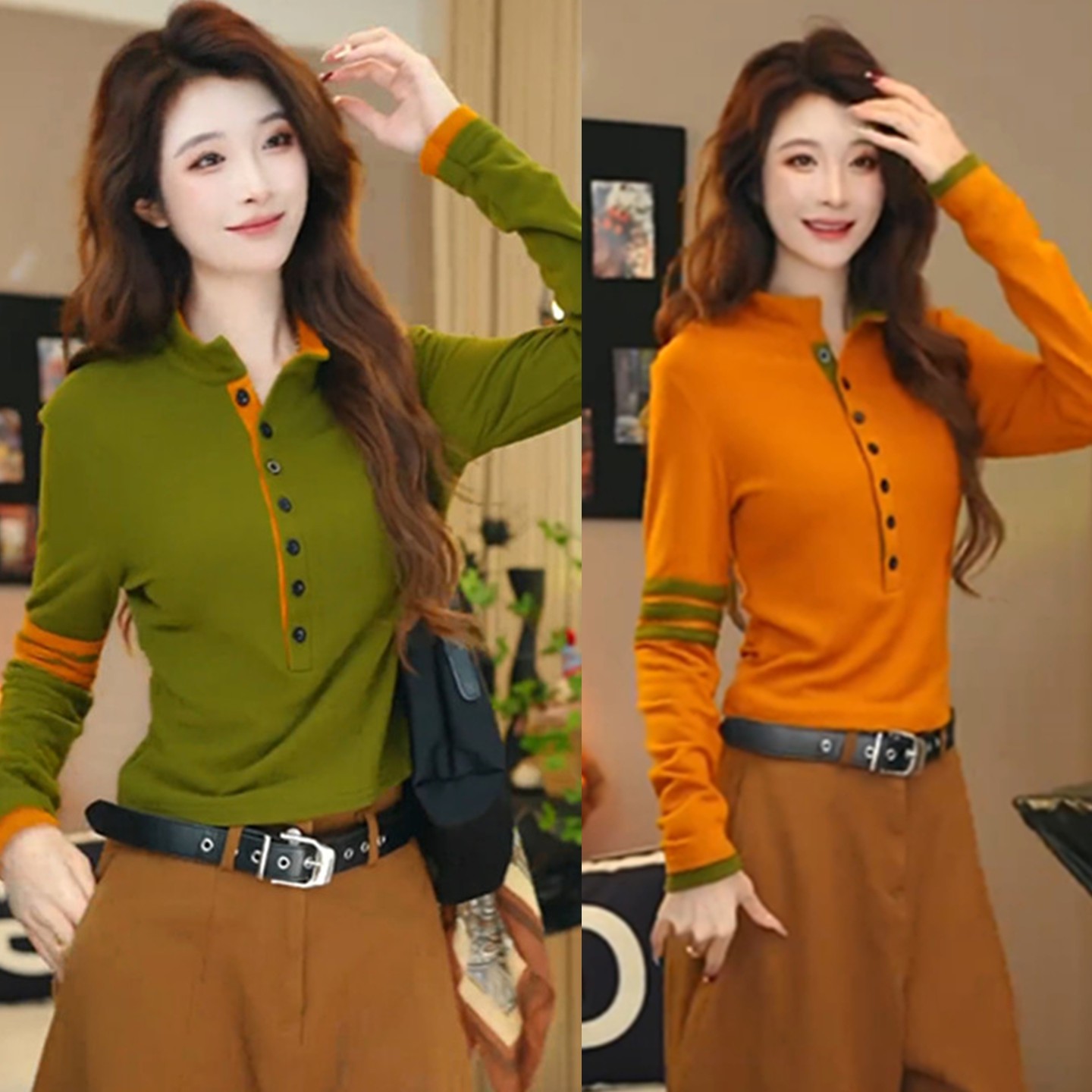 欧货时尚撞色拼接半开领长袖卫衣