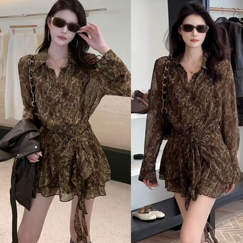 碎花系带收腰显瘦V领长袖连衣裙