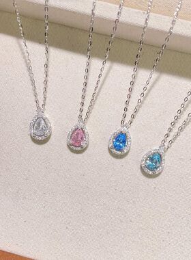 S925纯银彩宝锆石水滴项链女时尚小众设计镶锆锁骨链网络爆款