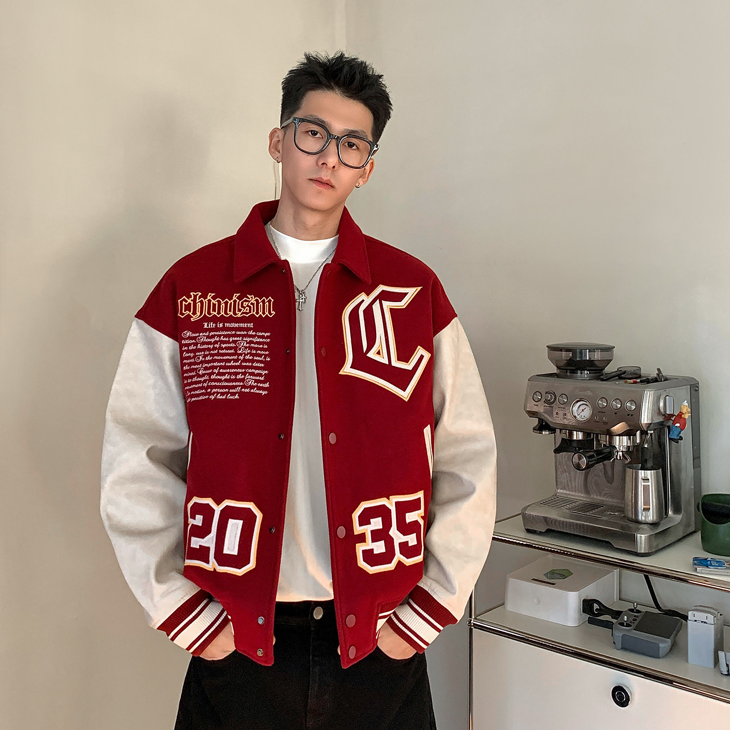 二十八间 毛呢拼接翻领棒球夹克男秋冬美式男生夹棉加厚红色外套