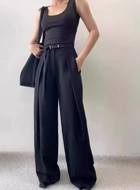 THERSTUDIO ROW 美式极简直筒裤丝麻垂坠感配真皮皮带做旧阔脚裤