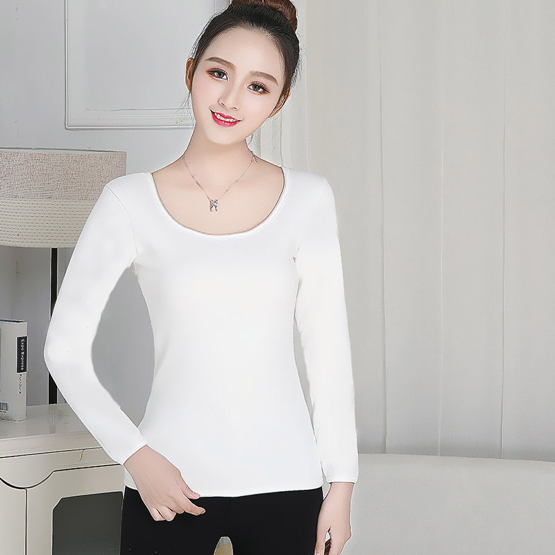 여성용 보온 속옷 두꺼운 벨벳 밑단 셔츠 로우 컷 초저 칼라 심리스 가을 코트 화이트 원피스 탑 겨울