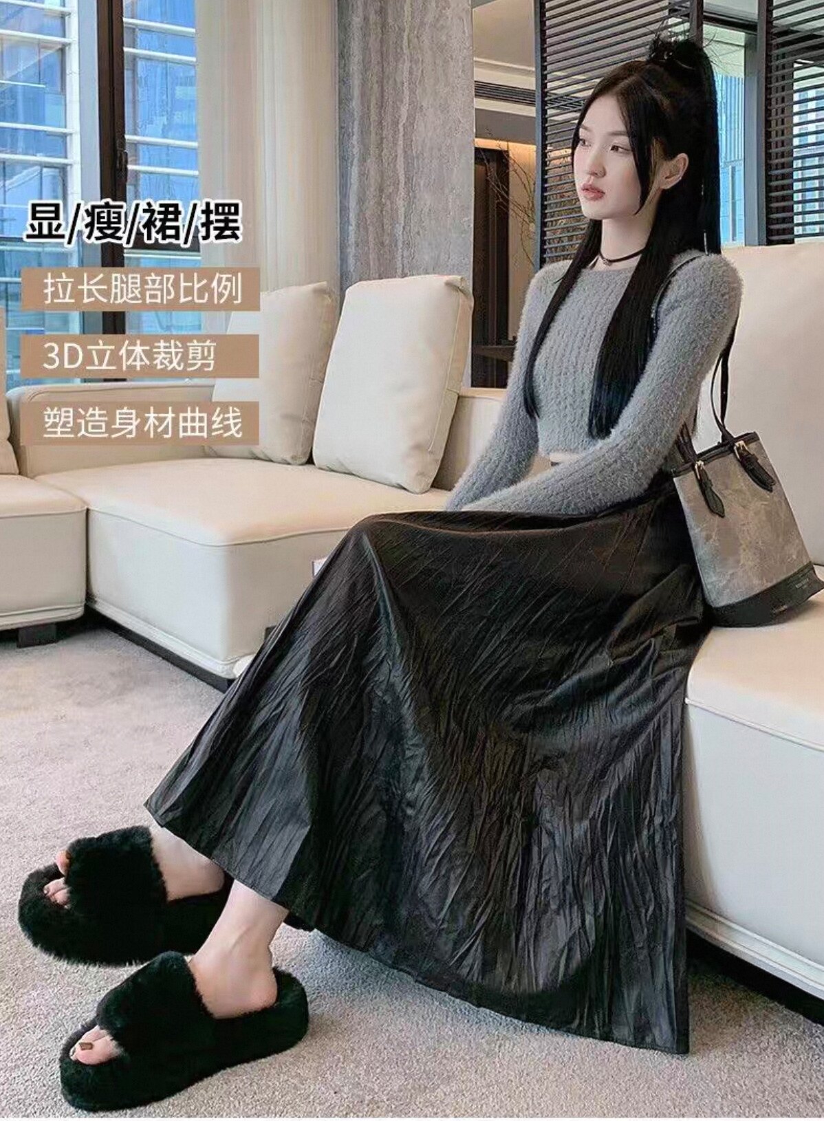 新款春款皱半身裙皮裙百款H不规则长褶复古a字大摆裙子