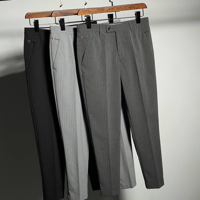垂感韩版潮流条纹9分灰色小西裤