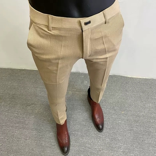 休闲西裤男夏季薄款2026新款高级感冰丝男裤修身小脚九分西装裤子