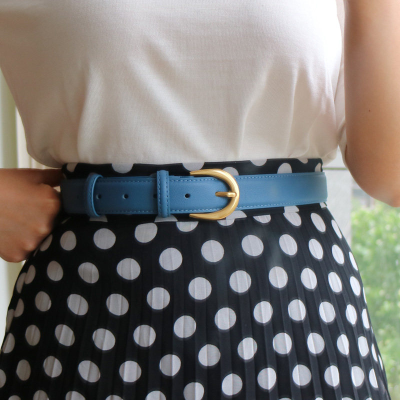 品质款鎏金色扣双面细腻头层牛皮棕色黄色蓝色黑色皮带女配裙子