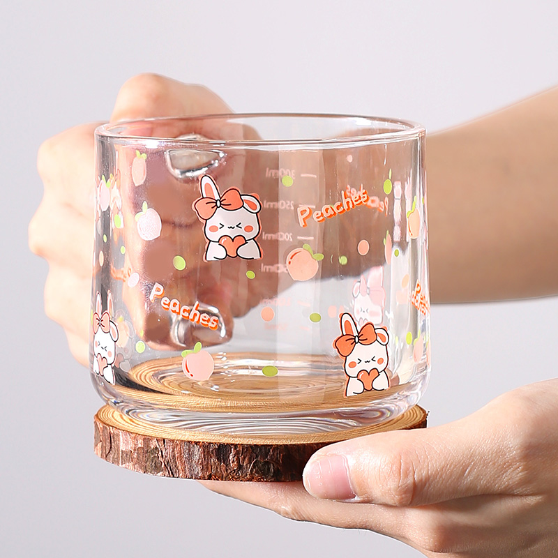 可爱贴花早餐杯玻璃家用带手柄把手杯子喝水杯饮料咖啡牛奶燕麦杯