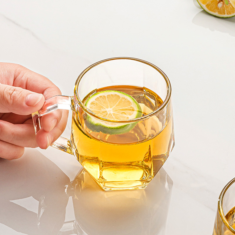 钻石玻璃杯把手杯六棱水杯家用一套整套杯子咖啡杯加厚韩式水杯子