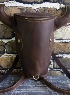 欧美复古疯马皮双肩背包牛头包个性真皮机车包男女情侣包百搭潮包