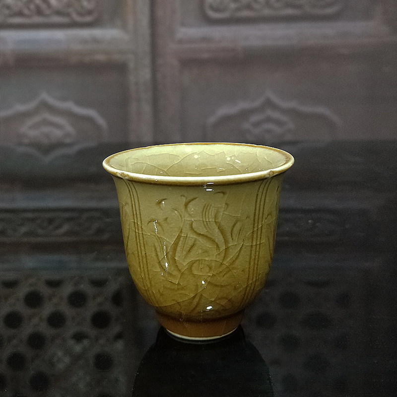 茶杯功夫茶主人杯仿古南宋青瓷手工柴窑龙窑半刀泥牡丹品茶具
