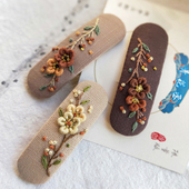 原创纯手工立体刺绣古风花朵发夹成人儿童棉麻发卡边夹 青花丞