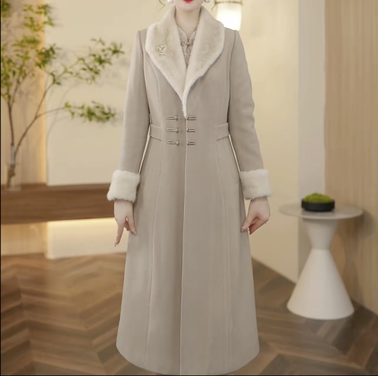 雪尼尔缎平绒保暖夹棉大衣连衣裙