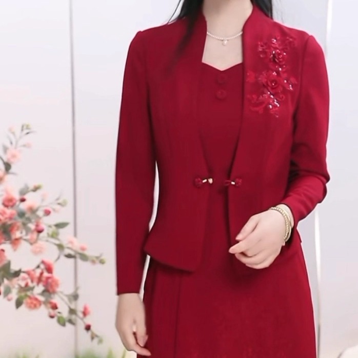 精纺假两件喜婆婆婚庆喜宴礼服裙