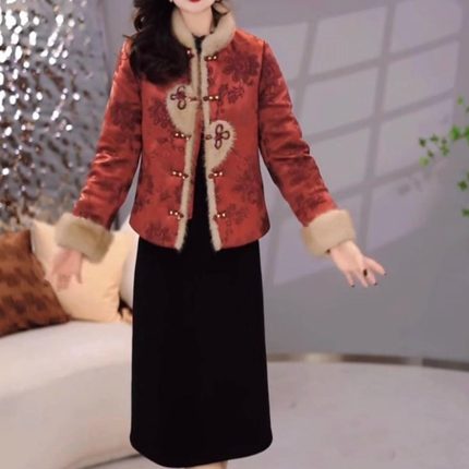 高档提花缎加棉棉服加绒连衣裙2025冬季新款中式复古洋气两件套装