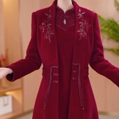 高档雪花绒刺绣两件套2025秋冬新款 气质减龄显瘦中长款 喜婆婆礼服