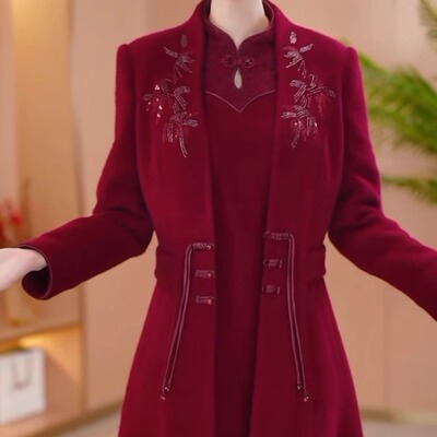 高档雪花绒刺绣两件套喜婆婆礼服