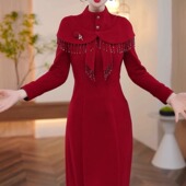 婚宴喜宴中长款 高档雪尼尔绒加厚优雅拼接礼服裙2025冬季 新款 裙子