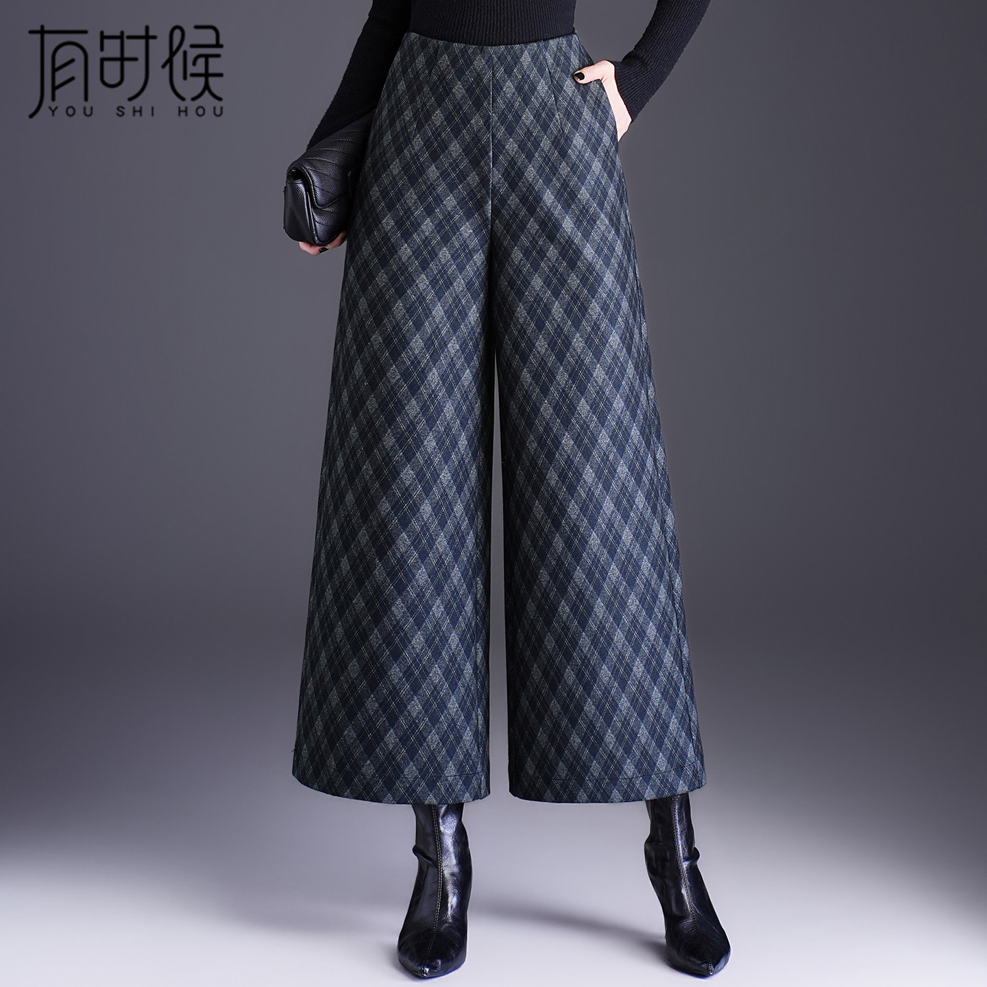 格子毛呢阔腿裤女秋冬2026新款