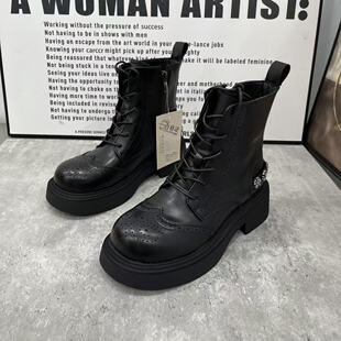秋冬新款女款真皮厚底英伦风马丁短靴时尚百搭舒适系带加棉马丁靴