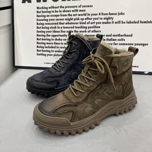 冬季新款男款磨砂牛皮内里羊毛高帮系带休闲鞋加厚保暖防滑底男鞋