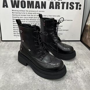 秋冬新款女款真皮厚底高帮英伦风加棉短靴时尚百搭舒适马丁短靴