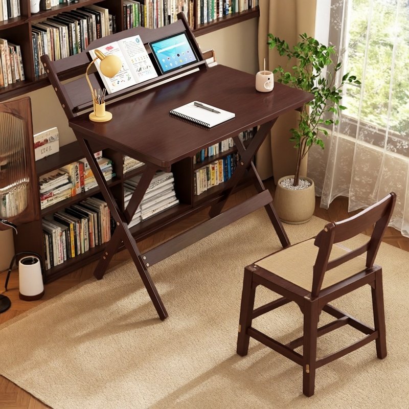 可升降折叠桌家用学习书桌简约办公桌免安装可升降胡桃色电脑桌子