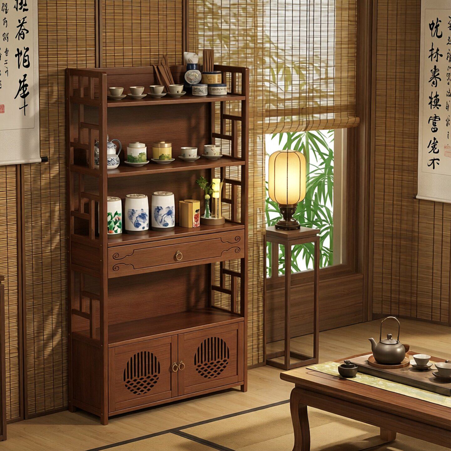 新中式实木博古架茶室茶具多宝格图片