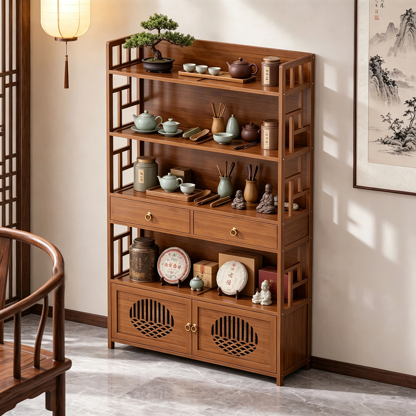 博古架茶室茶具摆件收纳架多层抽屉储物柜中式复古茶叶架子展示架