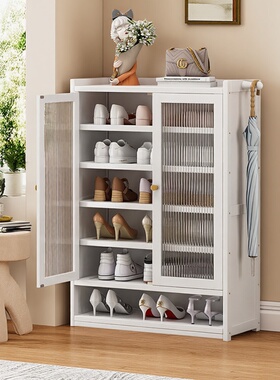 鞋柜家用门口入户奶油白一体靠墙收纳柜多层大容量楠竹储物柜鞋架