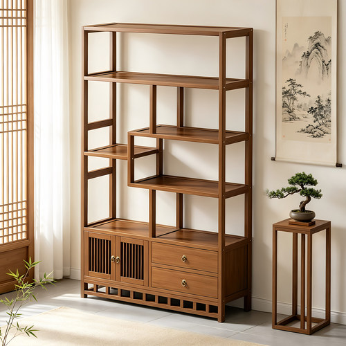 新中式多层博古架茶室收纳展示