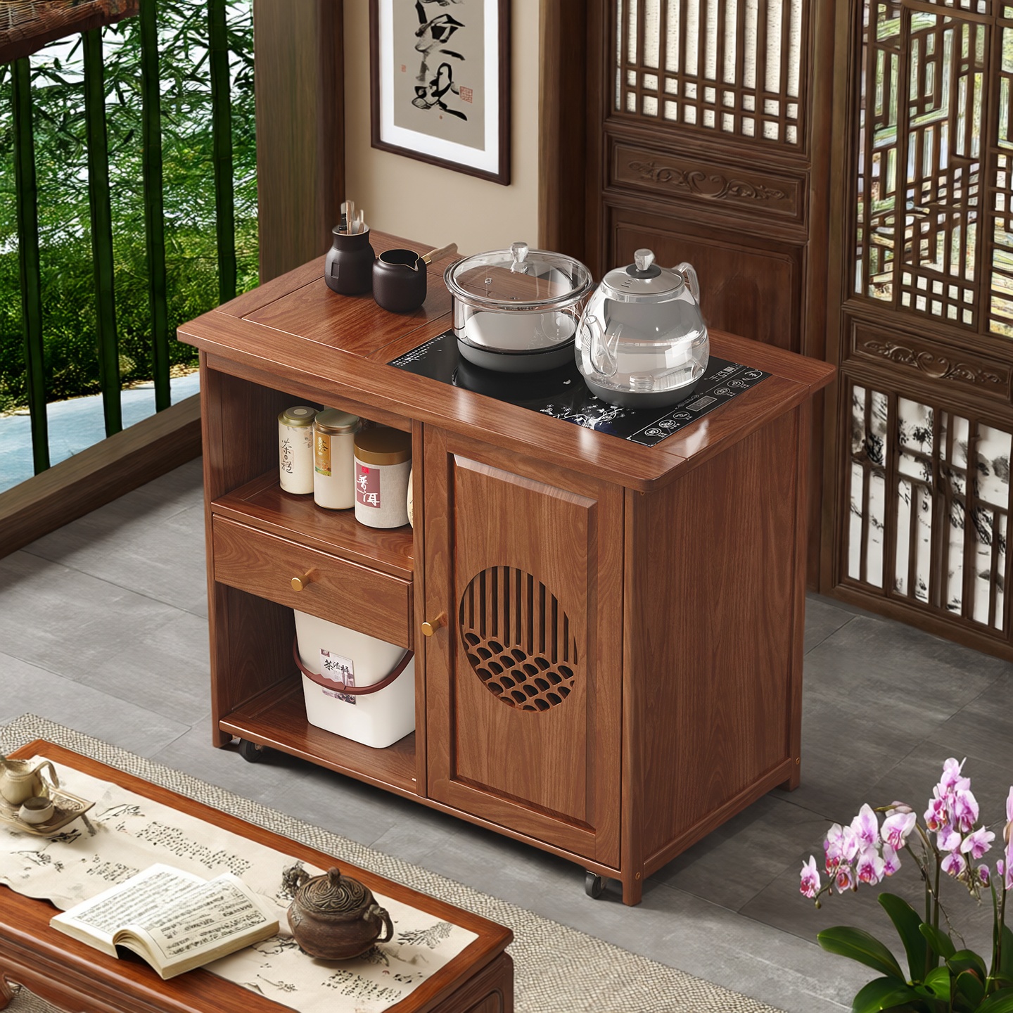 可移动实木茶几烧水壶一体茶水台