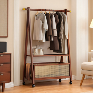可移动衣帽架落地卧室家用挂衣架非实木简易立式中古风挂衣服架子