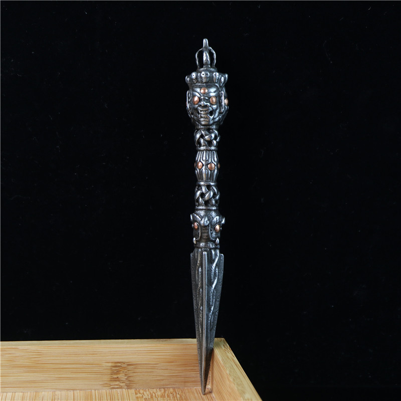 精品西藏藏式寒铁雕普巴金刚橛吊坠手持杵橛摆件手工嵌紫铜