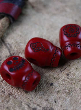 特色藏式混色材质红色料器三通文玩潜水艇一体佛头配珠金刚配饰件