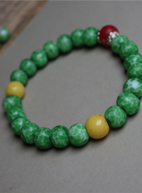 〓包老〓古法手工艺清代老琉璃手链点翠洒彩绿色琉璃珠子男女手串