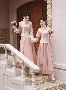【出租】粉色伴娘服新款秋冬中式加绒加厚婚礼姐妹团礼服纱裙长款