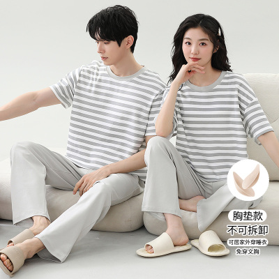 夏天情侣睡衣夏装半袖女短袖长裤纯棉男士薄款短款家居服短衣套装