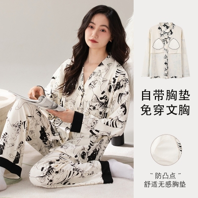 秋冬睡衣女秋2025新款纯棉长袖初中生带胸垫家居服女款春秋款套装