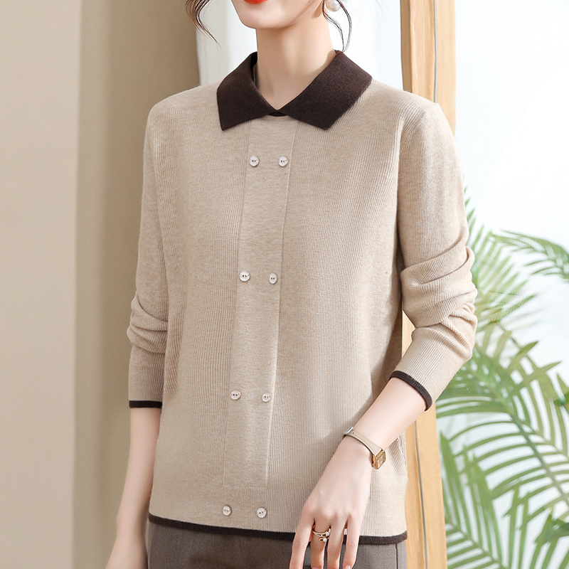 妈妈秋装翻领薄款针织打底小衫毛衣中老年女40岁50洋气纯色套装衣