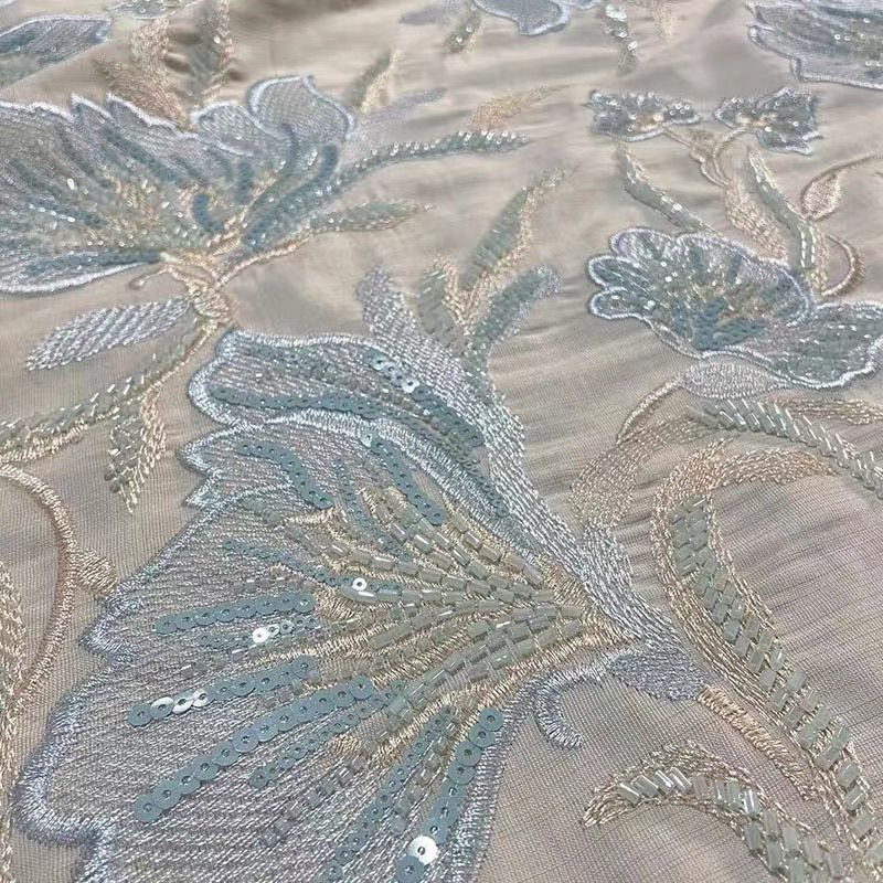 新款棉麻底珠管刺绣高档礼服外套裙子蕾丝布料精美亮片刺绣满幅绣