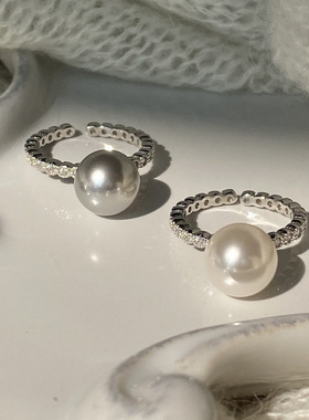 S925纯银锆石开口戒指施家珍珠复古风