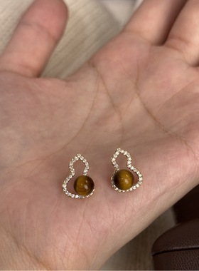 S999足银耳钉天然虎眼石葫芦精致造型满钻美拉德风轻奢高级感