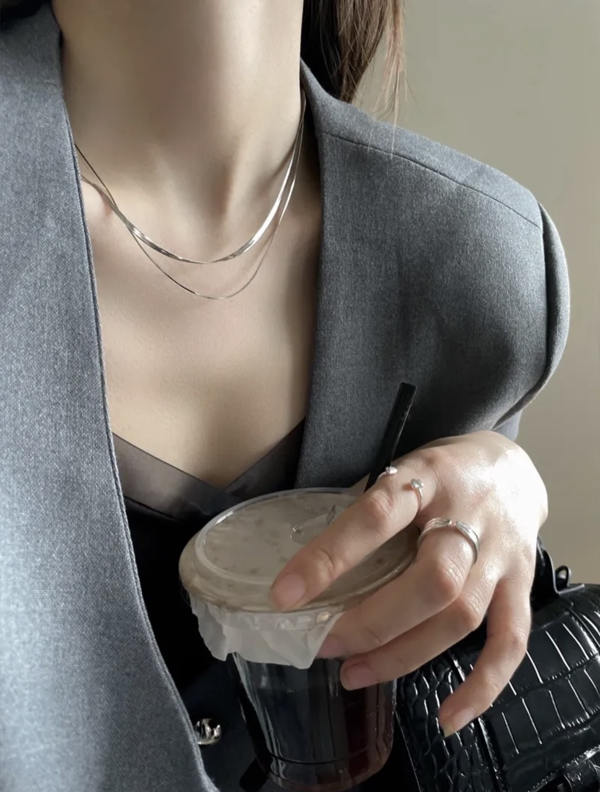 Kiki.双层扁蛇骨链素链八角18k金项链叠戴S925锁骨链小众高级感