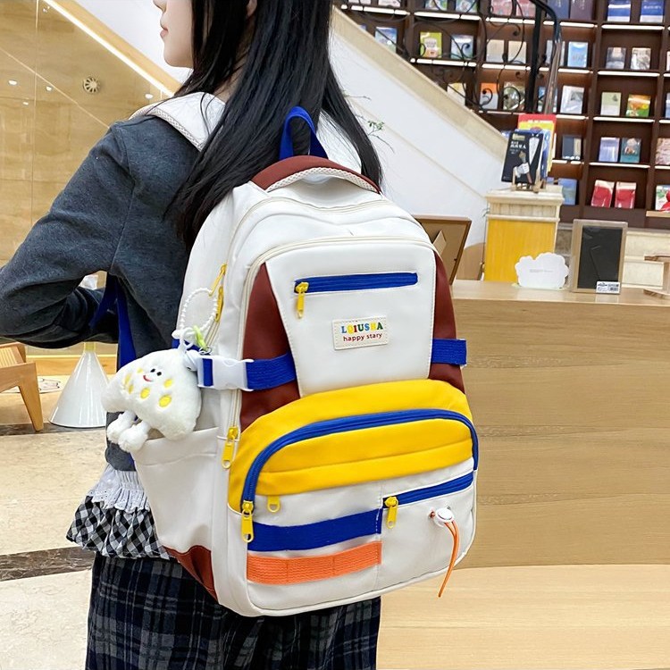 原宿风撞色休闲背包女搞怪鬼马双肩包美式复古高中生学生书包