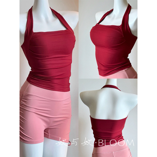 安可拉红挂脖露背运动内衣跑步健身普拉提防震固定杯背心瑜伽上衣