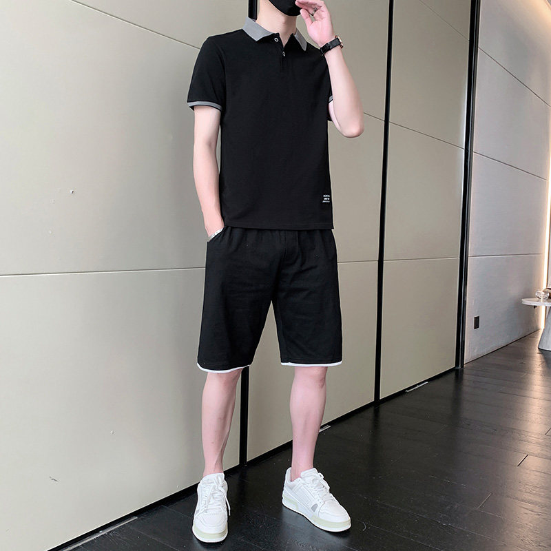 翻领短袖T恤男士纯棉套装2026夏季新款潮牌修身短裤POLO衫两件套