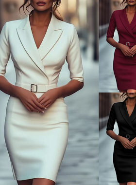 欧美外贸亚马逊新款气质绑带收腰连衣裙