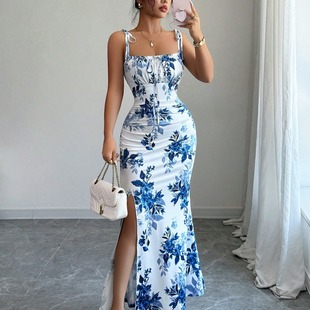 女士印花细带收腰开叉吊带连衣裙,晚宴度假穿搭女士春夏气质服饰