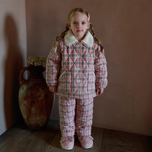 睡衣女童冬季棉夹棉三层保暖加厚加绒珊瑚绒梭织格子棉袄家居服
